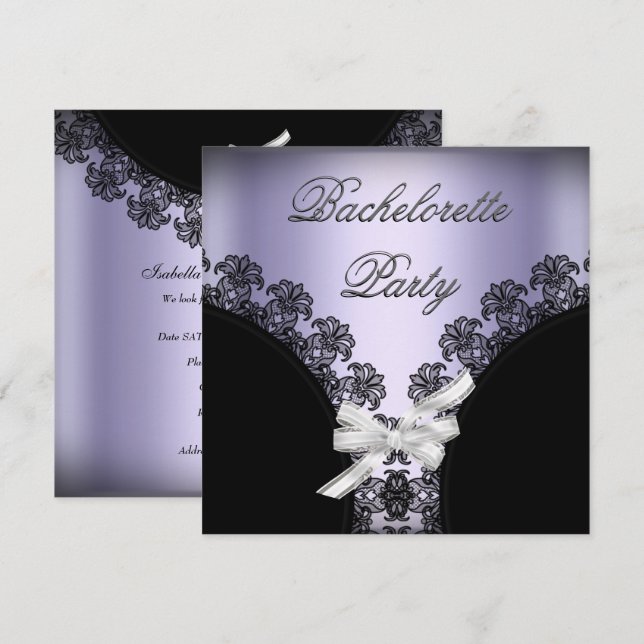 Invitación Despedida de soltera Lila Morado Encaje Negro (Anverso / Reverso)