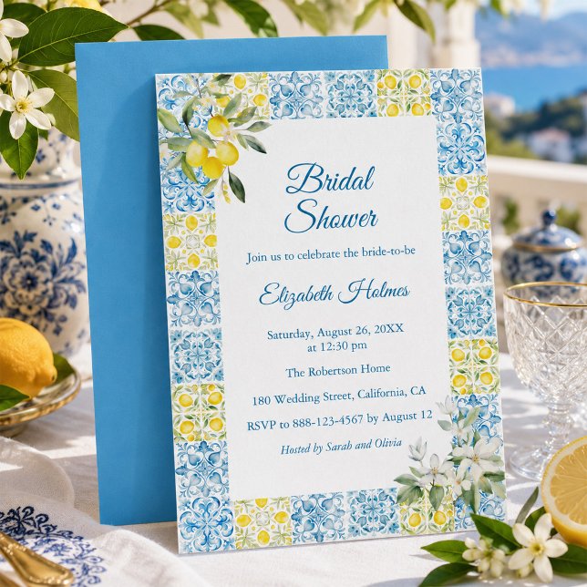 Invitación Despedida de Soltera Limón Azul Mediterráneo (Mediterranean Blue Tile Lemon Bridal Shower Invitation)