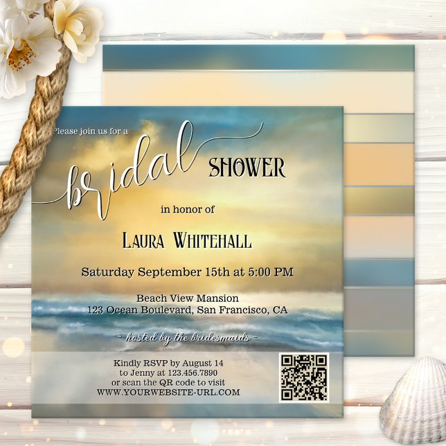 Invitación Despedida de Soltera Lluvia de Arte en la Playa (Bridal shower invitation featuring an original fine art painting of a sunset on a stormy beach.)