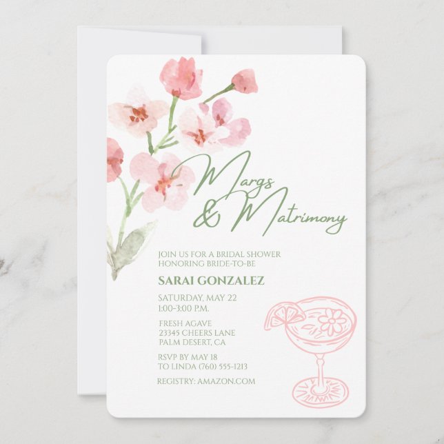 Invitación Despedida de soltera Margs & Matrimony con flores  (Anverso)