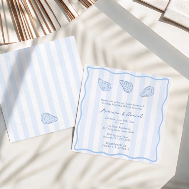 Invitación Despedida de soltera moderna a mano alzada de asad (Trendy hand-drawn oyster roast couples wedding shower invitation with modern stripes and wavy border)