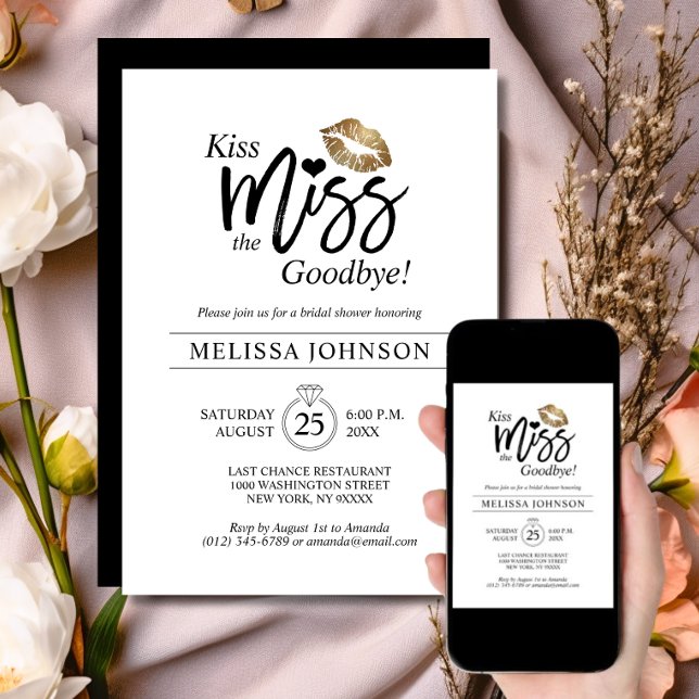 Invitación Despedida de soltera moderna Besos Adiós Oro Labio (Modern Kiss Miss Goodbye Gold Lips Bridal Shower Invitation | Bachelorette)