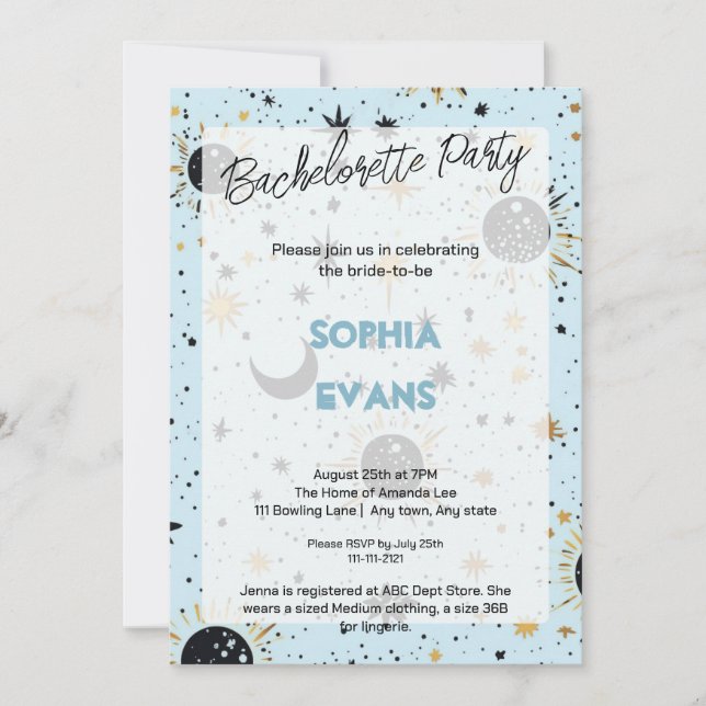 Invitación Despedida de Soltera Moderna Celestial (Anverso)
