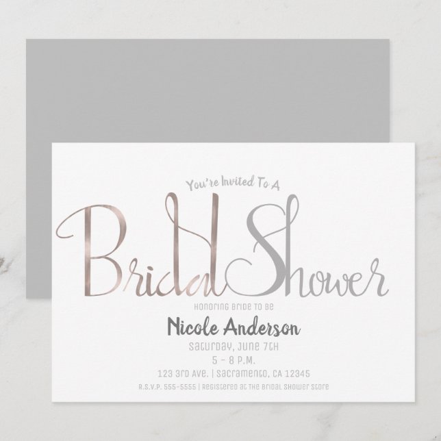 Invitación Despedida de Soltera Moderna Rosa Dorado Rosa y Gr (Anverso / Reverso)