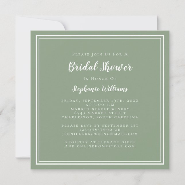 Invitación Despedida de Soltera Moderno Elegante Verde Salvia (Anverso)