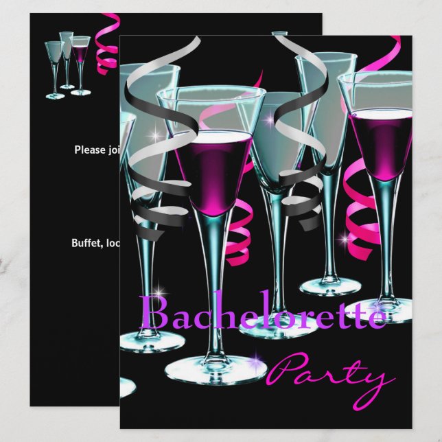 Invitación Despedida de soltera Morado Rosa Negro Bebidas (Anverso / Reverso)