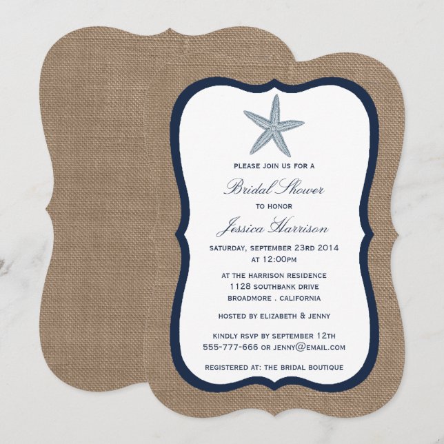 Invitación Despedida de soltera Navy Starfish Beach Burlap (Anverso / Reverso)