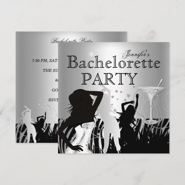 Invitación Despedida de soltera negra cebra de baile plateada (Anverso / Reverso)