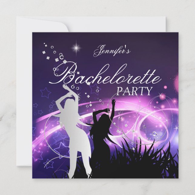 Invitación Despedida de soltera negro morado blanco plata (Anverso)