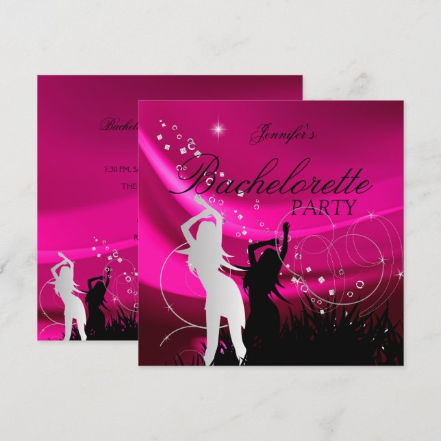Invitación Despedida de soltera negro rosa blanco plata (Anverso / Reverso)