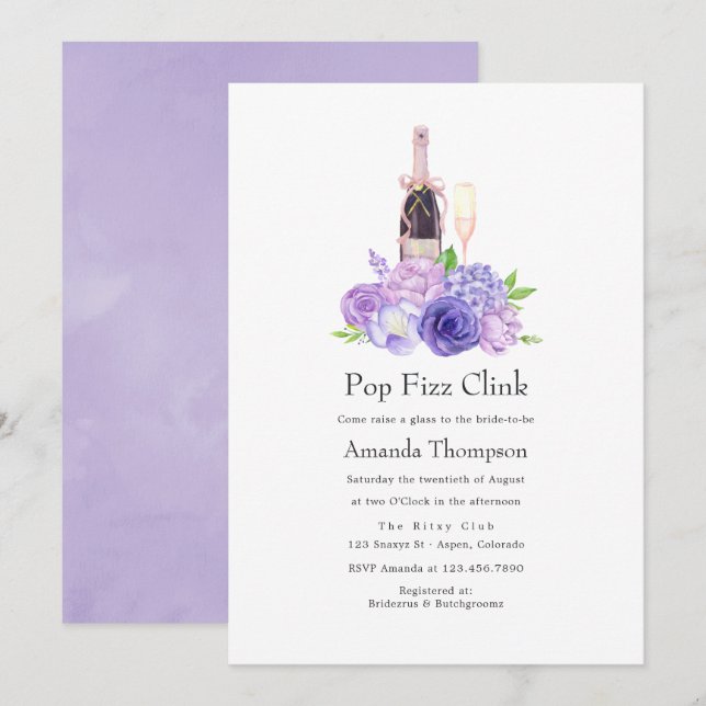 Invitación Despedida de soltera Pastel Violet Floral Pop Fizz (Anverso / Reverso)