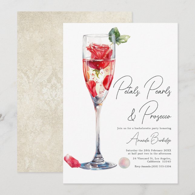 Invitación Despedida de soltera Pétalos, Perlas y Prosecco (Anverso / Reverso)