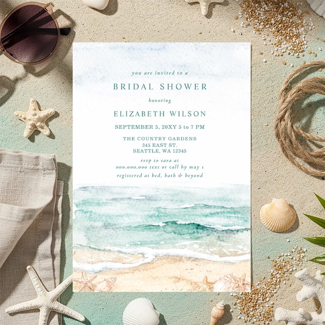 Invitación Despedida de soltera playera con acuarela rústica (Rustic Watercolor Beach Bridal Shower Invitation)