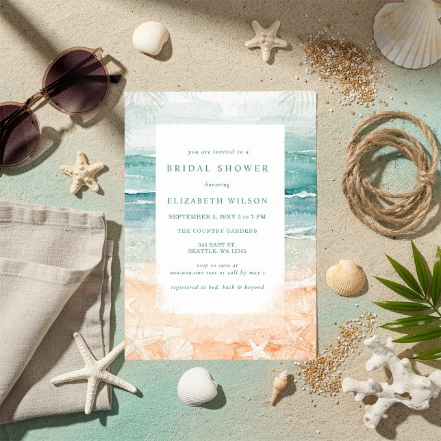 Invitación Despedida de soltera playera con acuarela rústica (Rustic Watercolor Beach Bridal Shower Invitation)