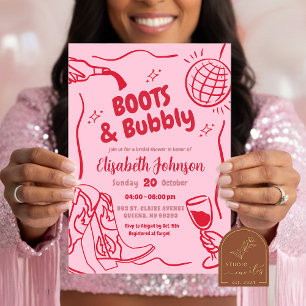 Invitación Despedida de soltera Retro Rojo Botas rosadas y Bu