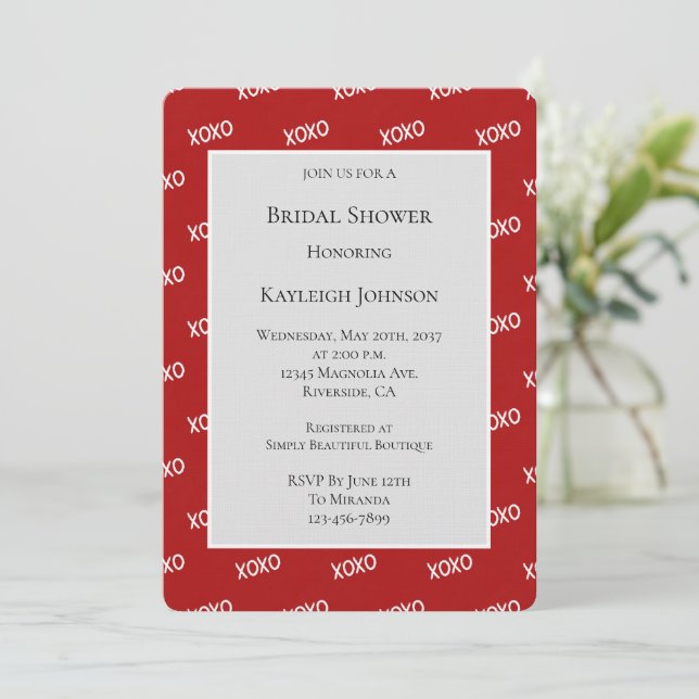 Invitación Despedida de soltera Roja Blanca XOXO  (Anverso de pie)