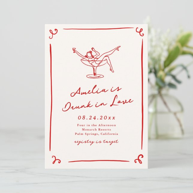 Invitación Despedida de soltera roja caprichosa dibujada a ma (Anverso de pie)