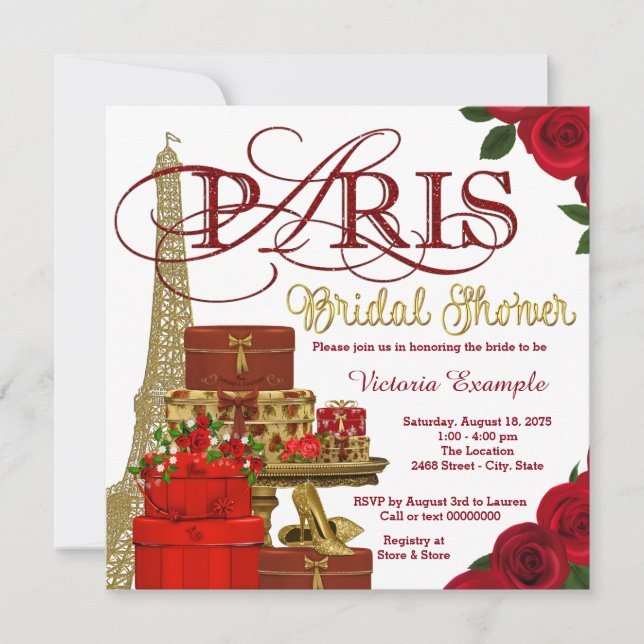Invitación Despedida de soltera roja y dorada de París (Anverso)