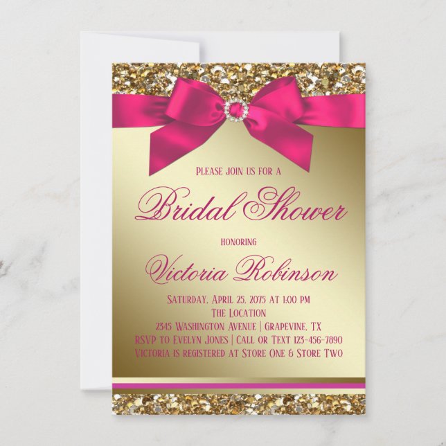 Invitación Despedida de soltera rosa fucsia y dorado (Anverso)