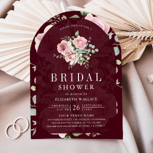 Invitación Despedida de Soltera Rosa Rubor Floral Borgoña