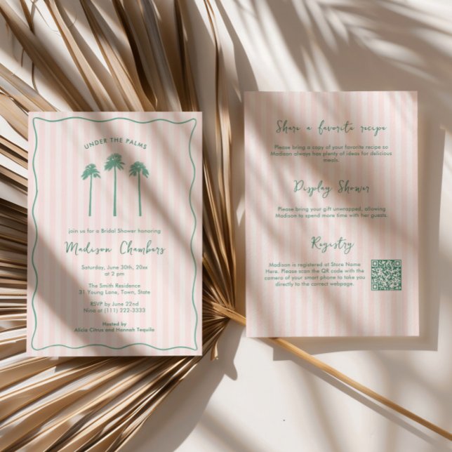Invitación Despedida de soltera rosa verde dibujada a mano en (Preppy pink and green Palm Springs Bridal Shower invitation with hand drawn fan palms & wavy border)
