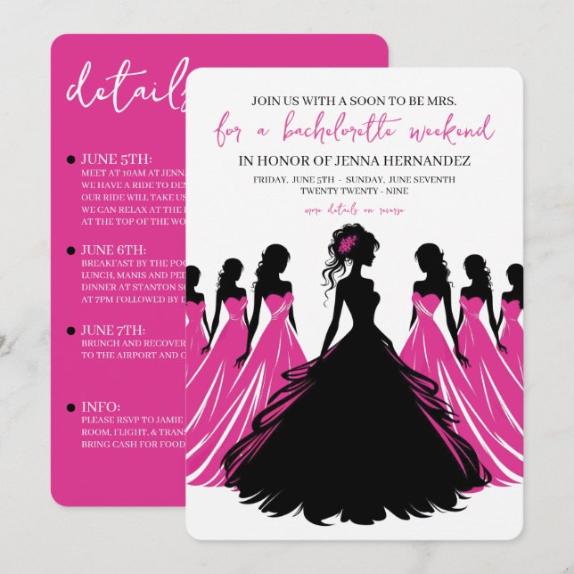 Invitación Despedida de soltera rosa y negro (Anverso / Reverso)