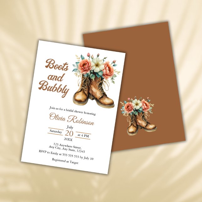 Invitación Despedida de soltera rústica con botas y burbujas  (Rustic Boots and Bubbly Western Bridal Shower Invitation )