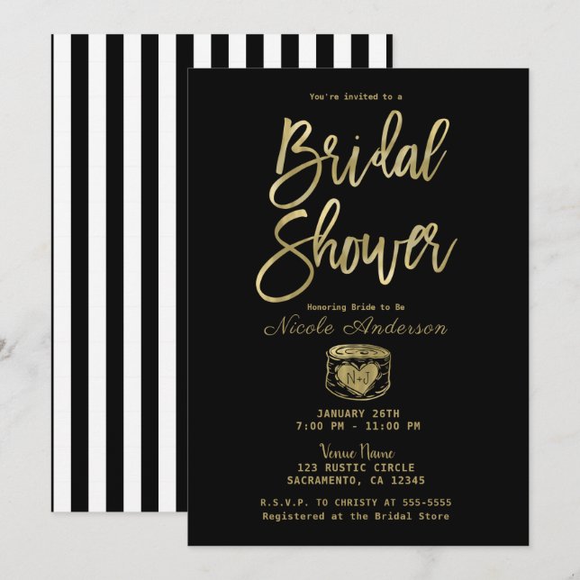 Invitación Despedida de Soltera Rústica de Rayas Blancas y Ne (Anverso / Reverso)