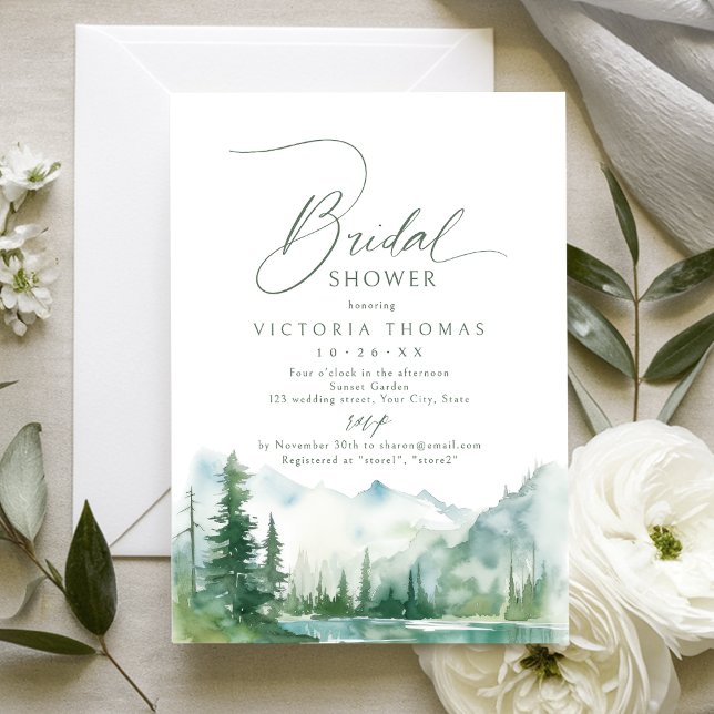 Invitación Despedida de soltera rústica del bosque de la mont (Sage Mountain Forest Rustic Bridal Shower Invitation)