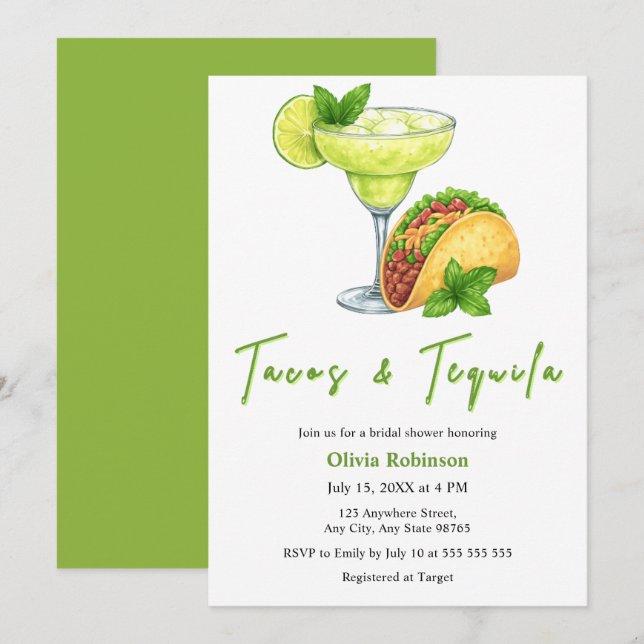 Invitación Despedida de soltera Tacos y Tequila Margarita (Anverso / Reverso)