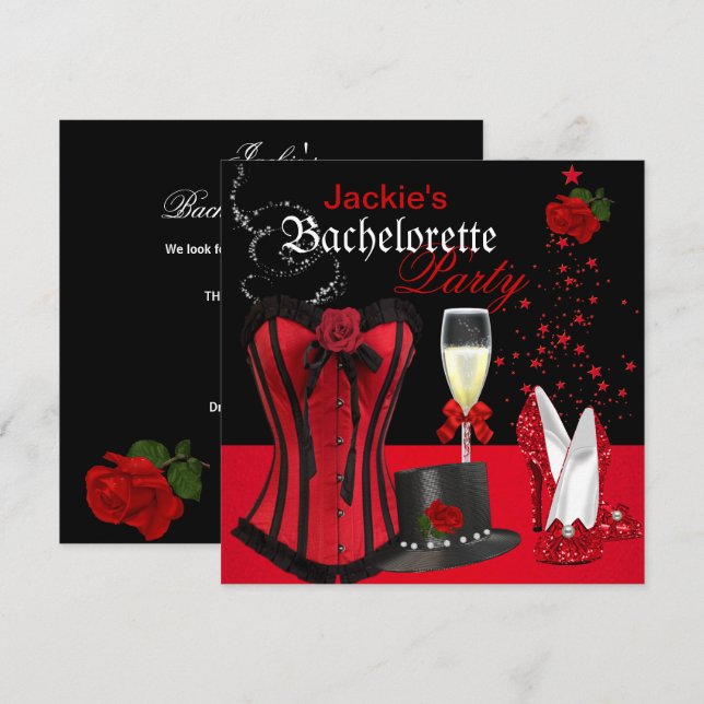 Invitación Despedida de soltera Tophat Corsé Rojo Negro (Anverso / Reverso)