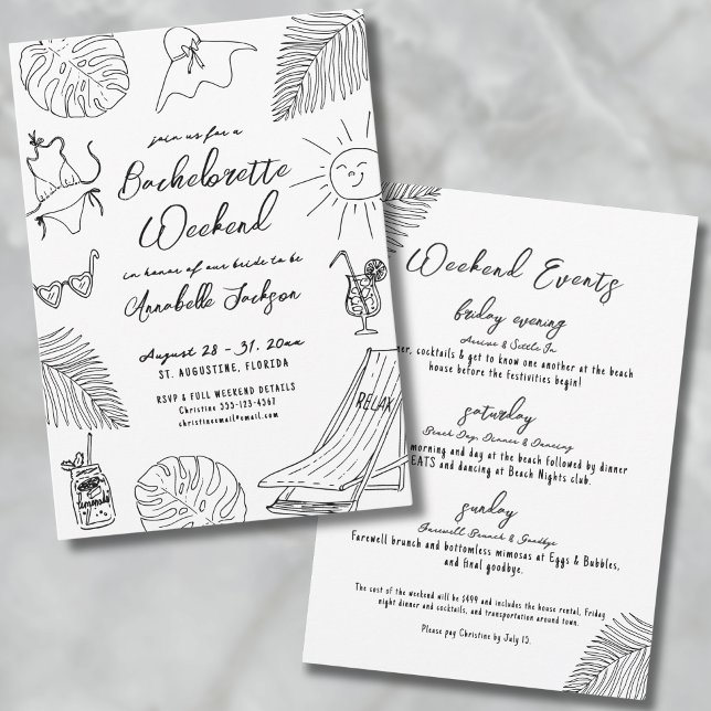 Invitación Despedida de soltera Tropical de Playa Dibujada a  (Quirky Hand Drawn Tropical Beach Bachelorette Invitation)