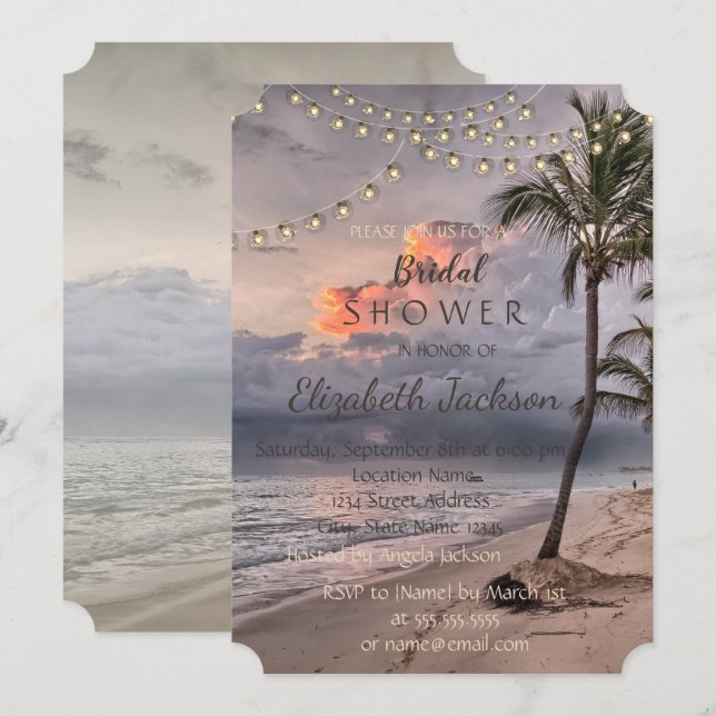Invitación Despedida de Soltera Tropical de Playa, Palmas (Anverso / Reverso)