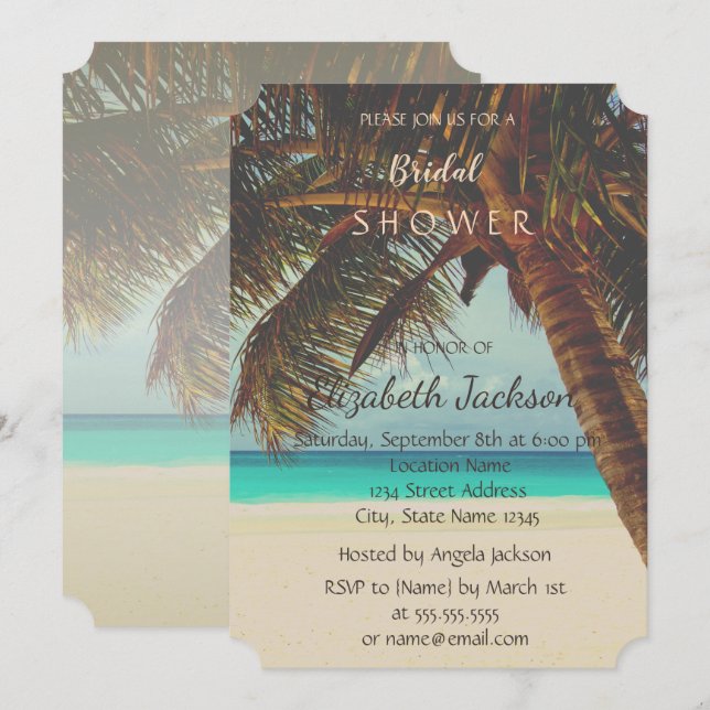 Invitación Despedida de Soltera Tropical de Playa, Palmas (Anverso / Reverso)