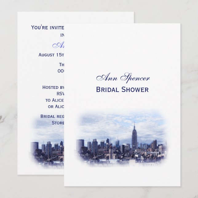 Invitación Despedida de soltera V con silueta de NYC en azul  (Anverso / Reverso)