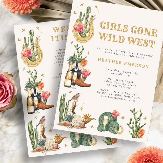 Invitación Despedida de soltera vaquera (Girl Gone Wild West Cowgirl Bachelorette Invitation by Painted Paperie
)