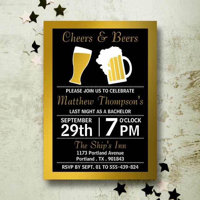 Invitación Despedida de Soltero Cheers & Beers Negro y Oro (Subido por el creador)