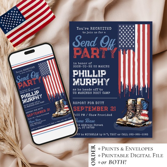 Invitación Despedida Militar Botas de Fiesta con Bandera de E (Digital patriotic red white and blue American flag combat boots military send off party invitation)
