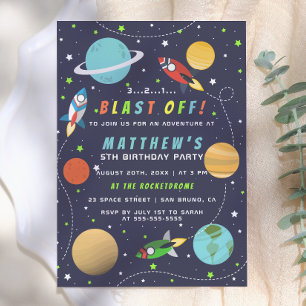 Invitación ¡Despegue! Cumpleaños con nave espacial y tema de