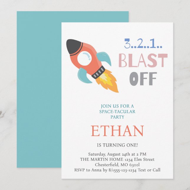Invitación ¡Despegue! Cumpleaños de Nave Espacial Cohete en e (Anverso / Reverso)