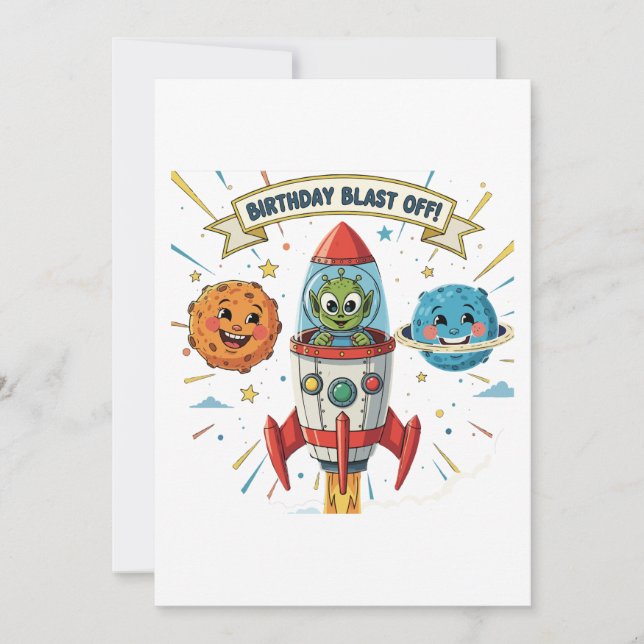 Invitación ¡Despegue de Cumpleaños! Alien Adorable en Nave Es (Anverso)