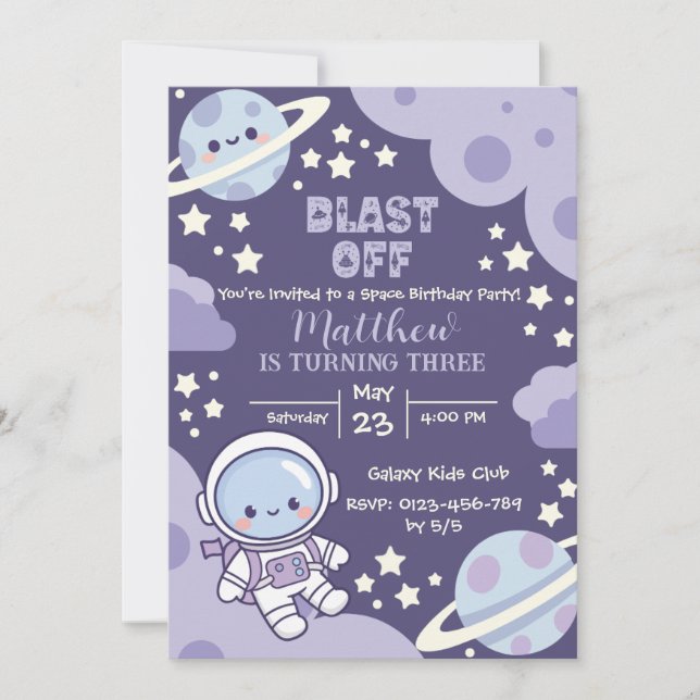 Invitación Despegue Espacio Exterior Cumpleaños número 3 Niño (Anverso)