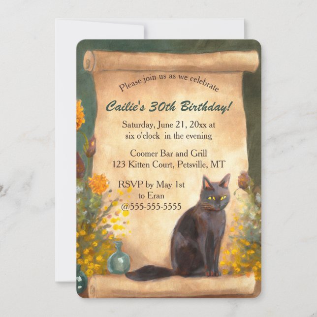 Invitación Desplazamiento de gatos y flores editables (Anverso)