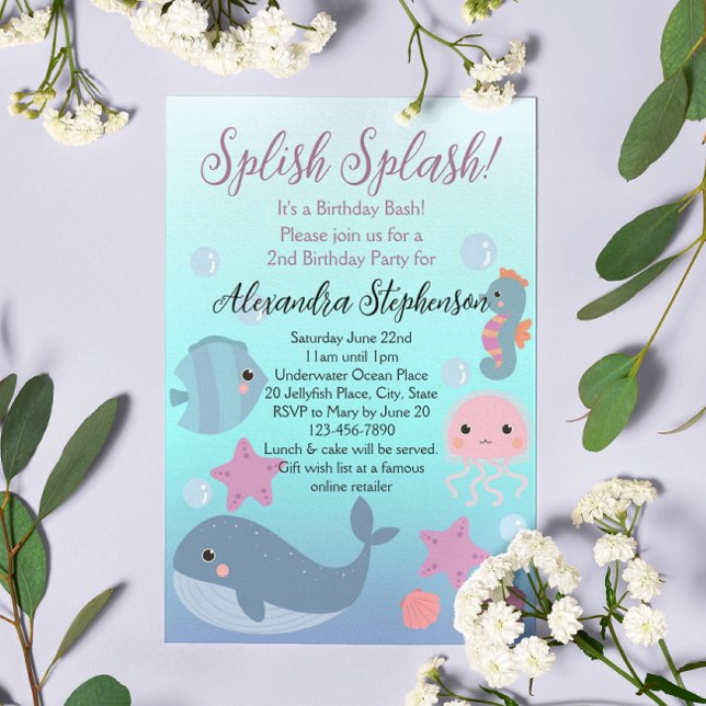 Invitación Desplome espumoso bajo el mar Chicas del océano Cu (splish splash birthday bash girls under the sea invitation)