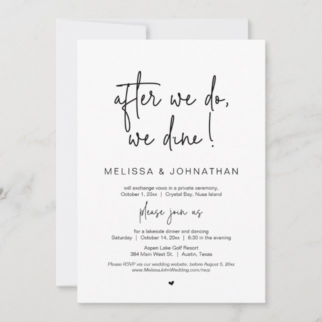 Invitación Después cenamos, Boda Elopement (Anverso)