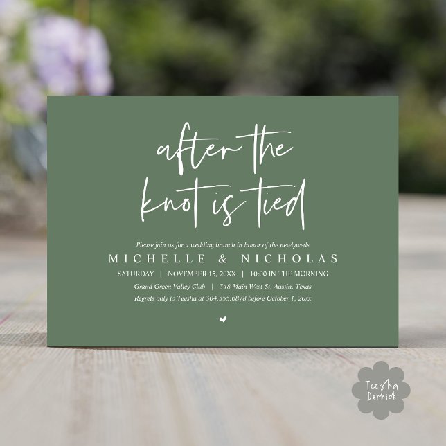 Invitación Después de atarse el nudo, Modern Post Boda Brunch (After the knot is tied, Modern Casual Post Wedding Brunch Party Dinner Invites Card PDF  Sage green)
