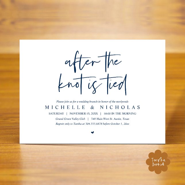 Invitación Después de atarse el nudo, Modern Post Boda Brunch (After the knot is tied, Modern Casual Post Wedding Brunch Party Dinner Invites Card PDF Navy Blue)