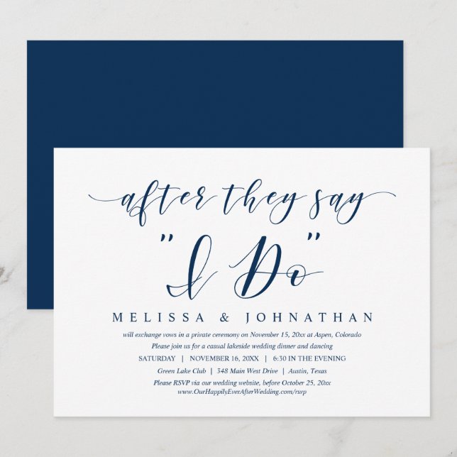 Invitación Después de decir que lo hago, Boda Elopement Dinne (Anverso / Reverso)