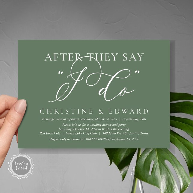 Invitación Después De Decir Que Lo Hago, Boda Elopement Dinne (After They Say I Do, Wedding Elopement Dinner Invitation Card, PDF, Romantic, in Forest Sage Green)