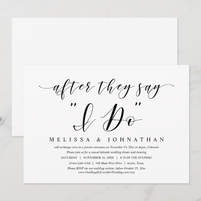 Invitación Después de decir que lo hago, Boda Elopement Dinne (Anverso / Reverso)